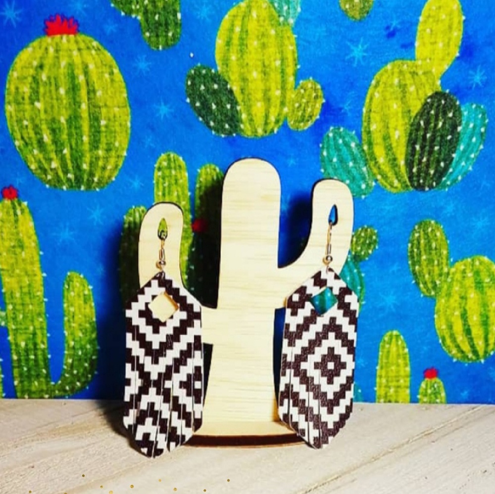 Black and white aztec print fringe earrings
